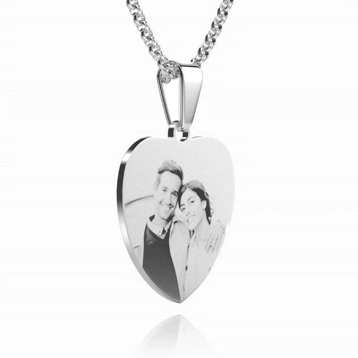 Engraved Photo Heart Necklace Chain Silver