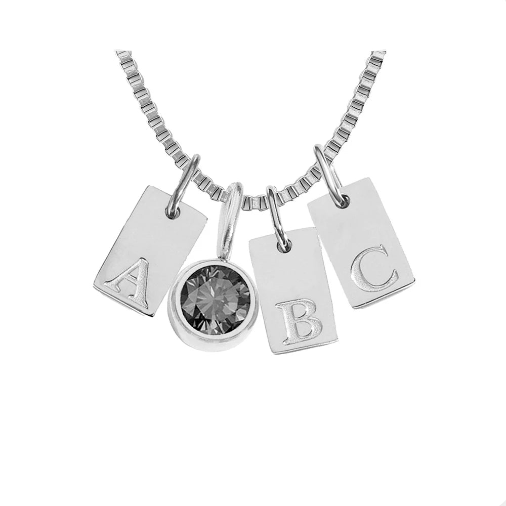 Engraved Silver Charm Necklace with Initial and Birthstone