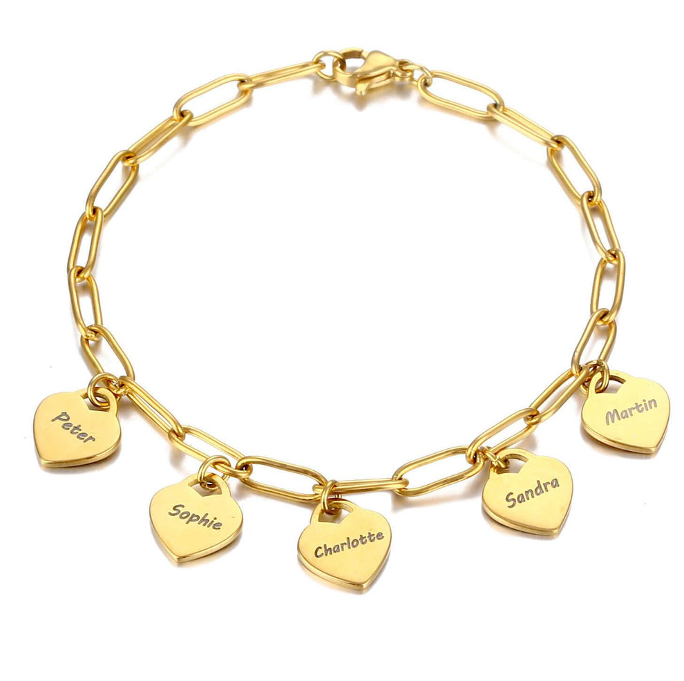 Hearts Charms Paperclip Bracelet Gold