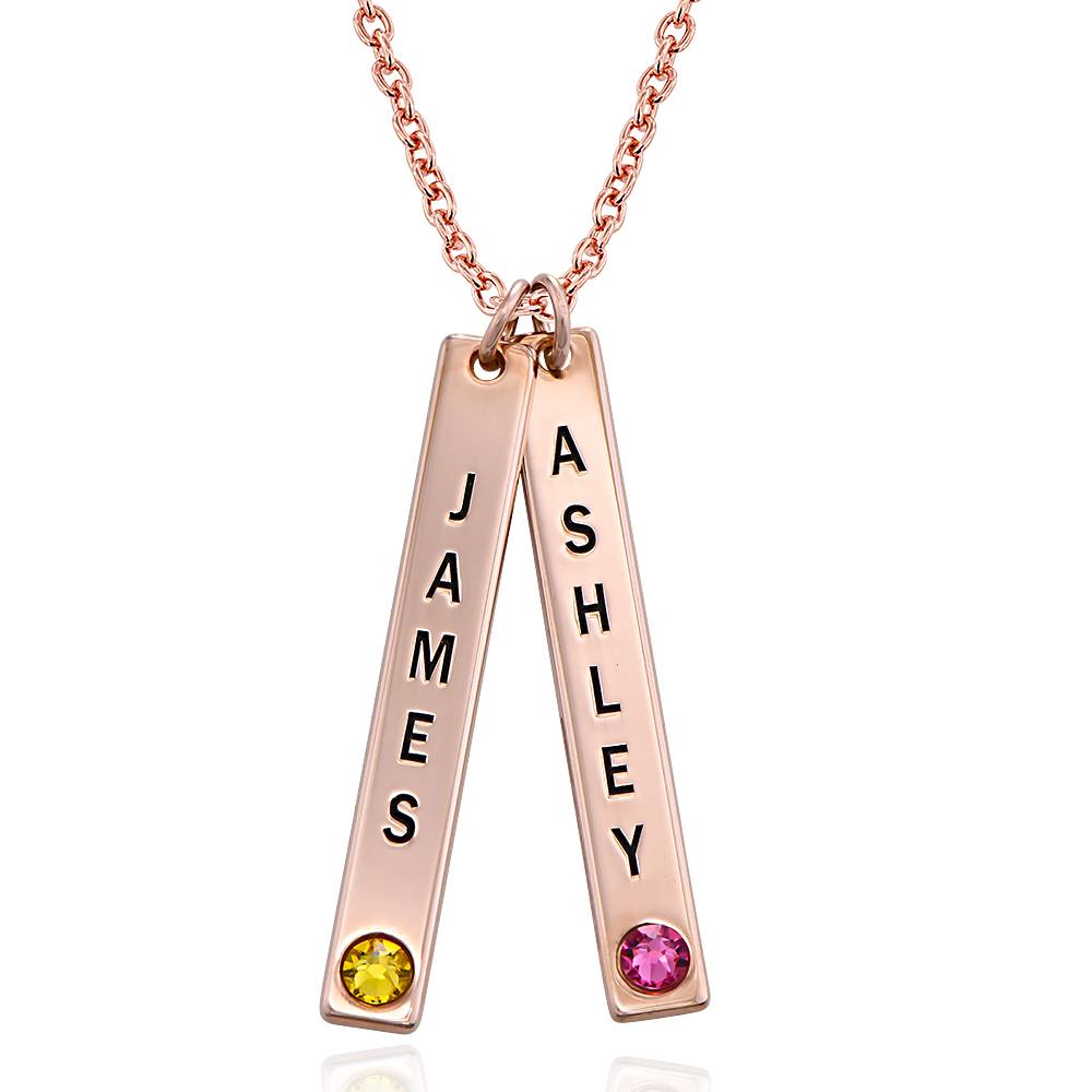 Engraved Vertical Bar Name Necklace with Birthstones Rose Gold