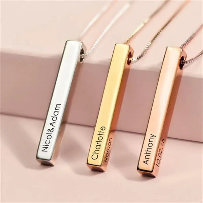 3D Bar Pendant Custom Name Necklace Silver