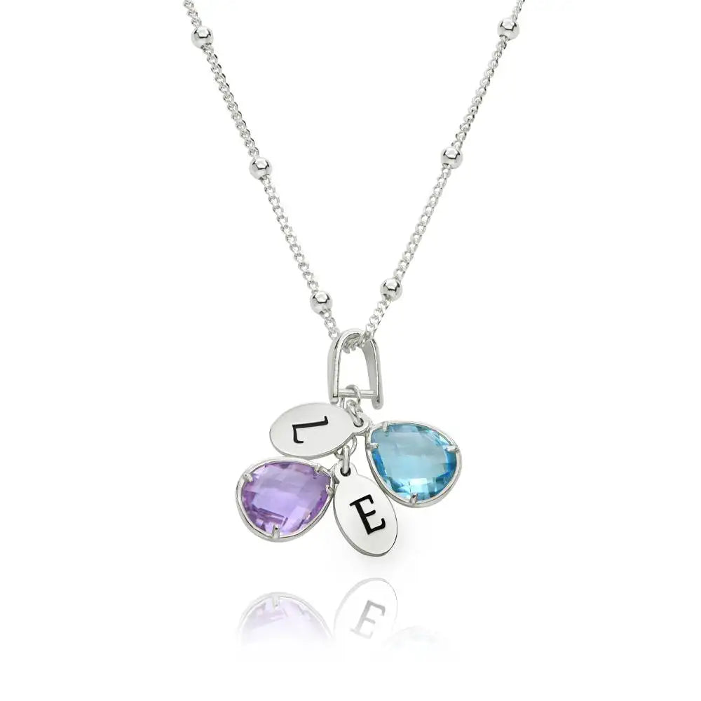 Birthstone Initials Necklace for Mom Silver
